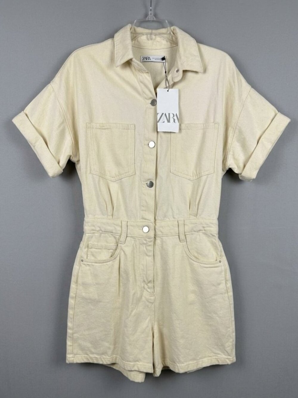 NWT Zara Ecru Short Sleeve Denim Utility Jumpsuit Romper Size S
